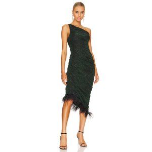 Saylor Hilaria One-shoulder Feather Trim Midi Dress in Black/Emerald Size XS
